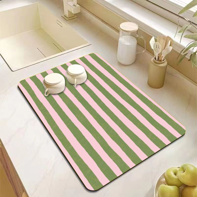Commercial Kitchen Prep Table - 美的ピンクグリーンストライプキッチンカウンターマット装飾食器乾燥マットかわいい水彩画カフェバーテーブルトッププレースマット