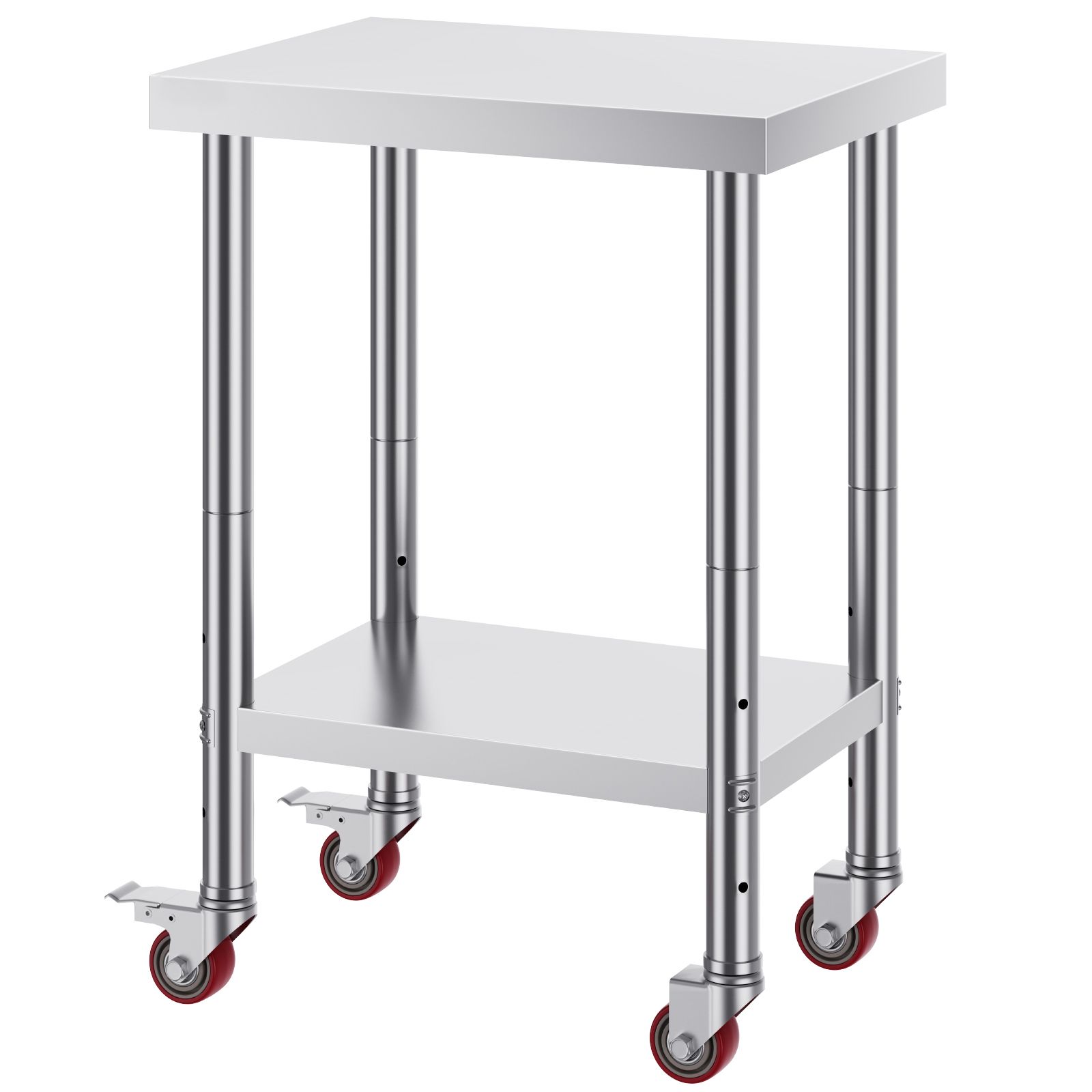 Commercial Kitchen Prep Table - ステンレス製ワークテーブル 24 x 18 x 34インチ、耐荷重700ポンド、4輪付き、3段階高さ調整可能、業務用厨房レストラン向け頑丈な食品調理用作業台、シルバー