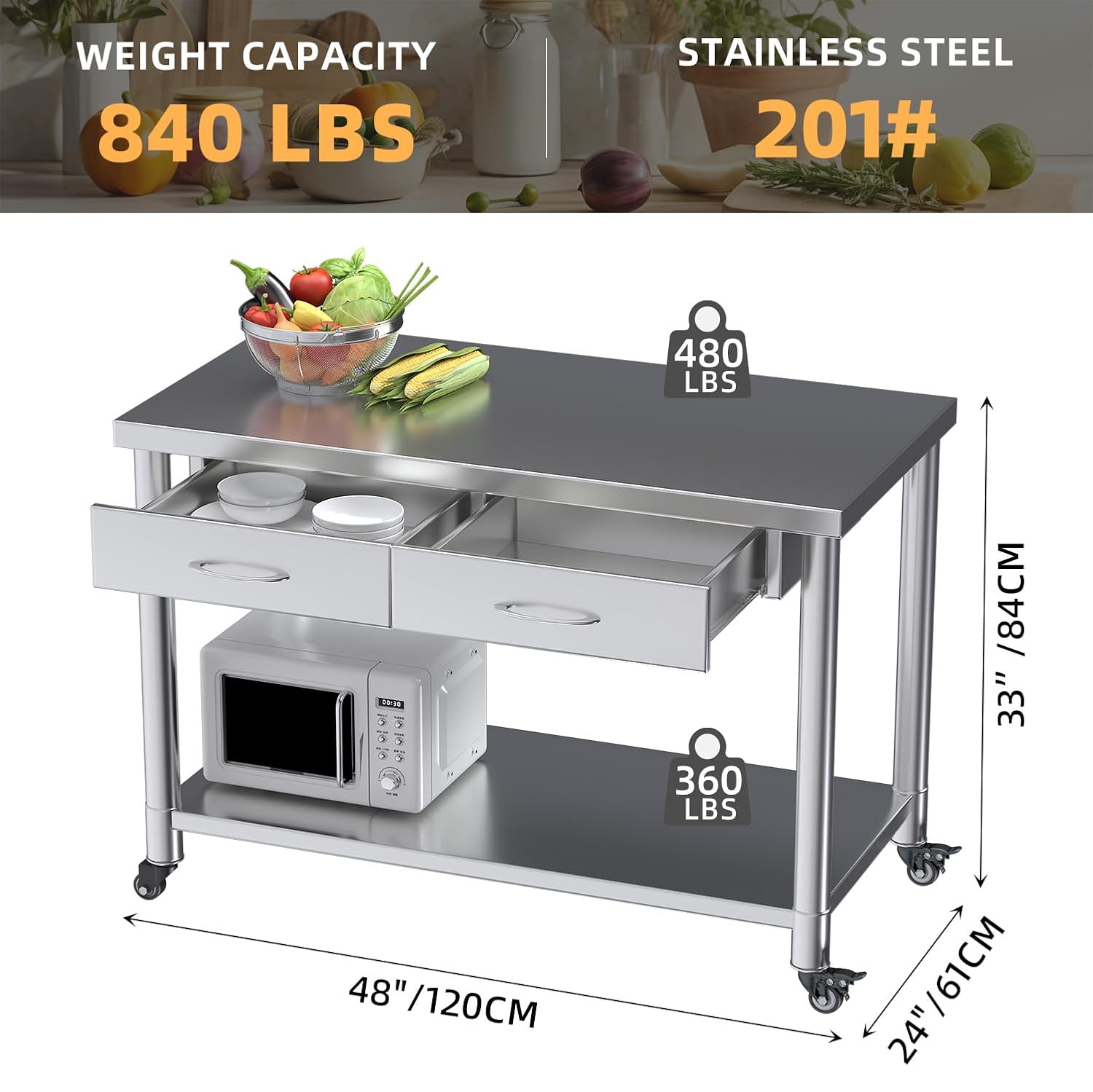 ステンレス製テーブル（引き出し付き）、48インチx24インチ - Commercial Kitchen Prep Table のレビューと価格