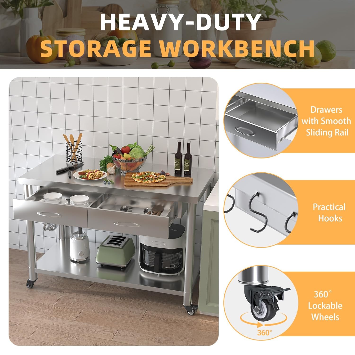 ステンレス製テーブル（引き出し付き）、48インチx24インチ - Commercial Kitchen Prep Table のレビューと価格